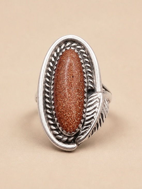 925 Sterling Silver Jewelry - Size 6.5 Sterling Silver Leaf Goldstone Oval Ring